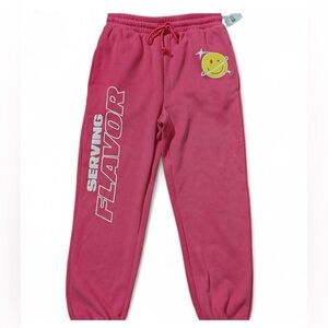 Pink poppie sweatpants with Smiley Face Graphic